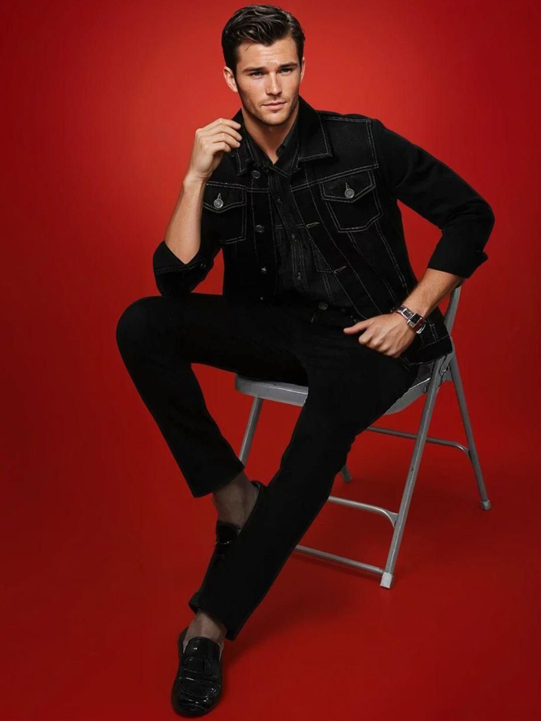 Kotty Men Spread Collar Solid Denim Jacket