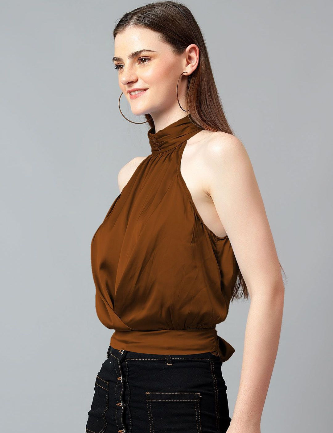 Kotty Women Solid Halter Neck Satin Top