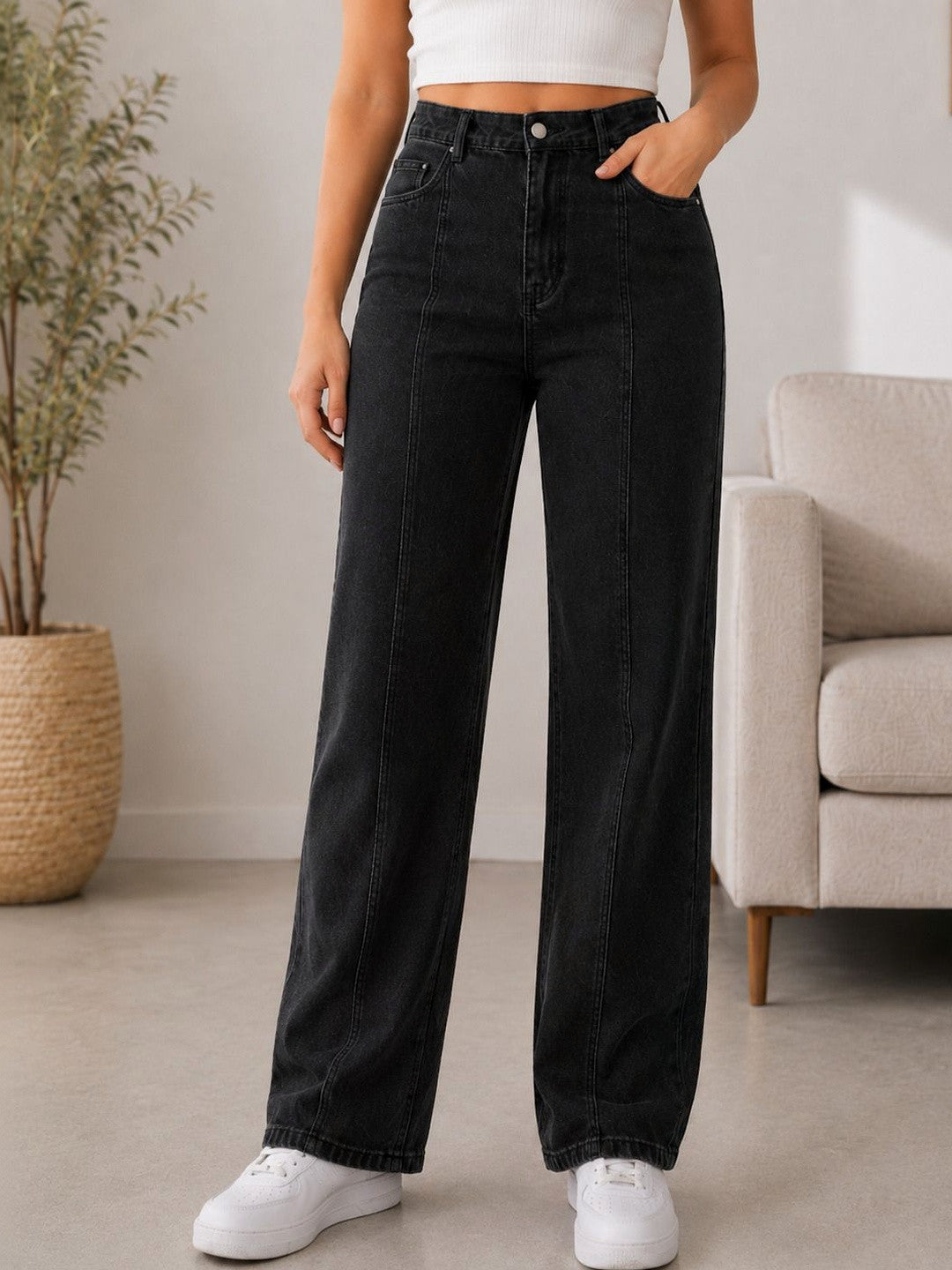 Women's Black High-Waisted Wide-Leg Jeans Online