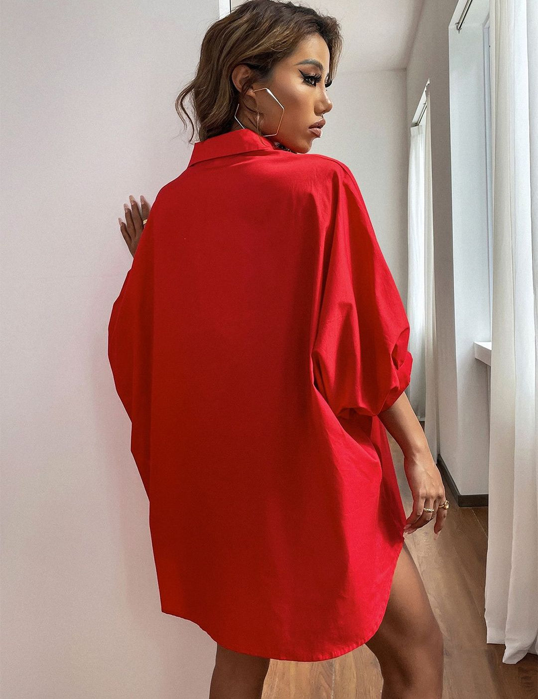 Kotty Women Comfort Spread Collar Solid Crepe Oversized Casual Shirt