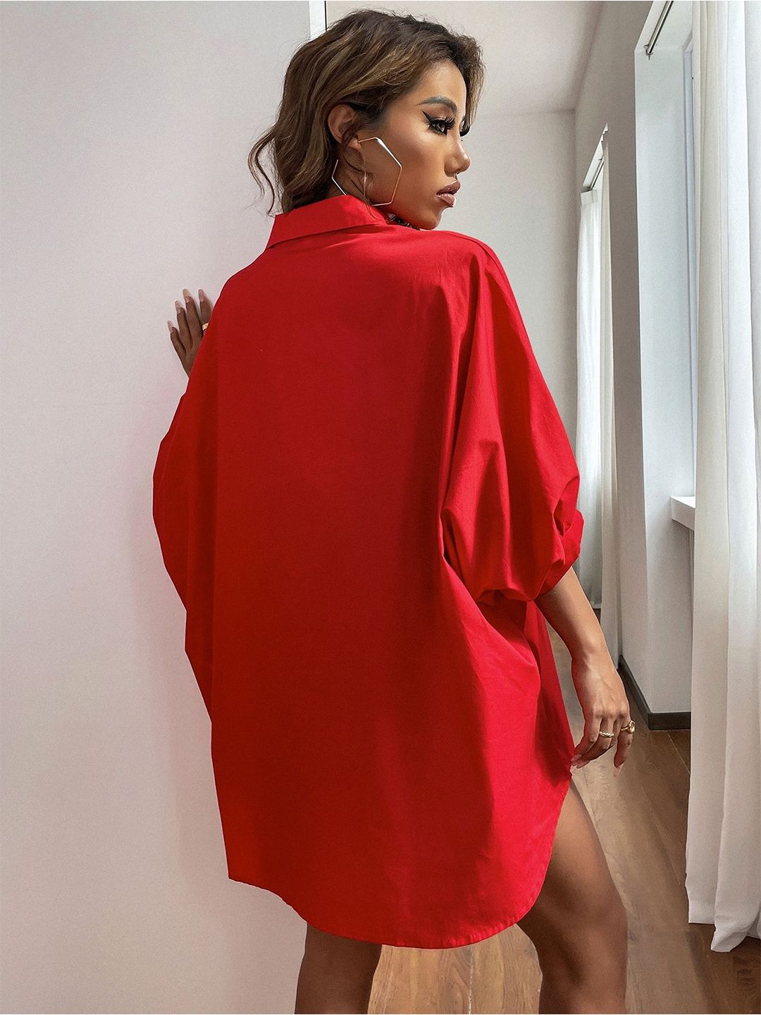 Kotty Women Comfort Spread Collar Solid Crepe Oversized Casual Shirt