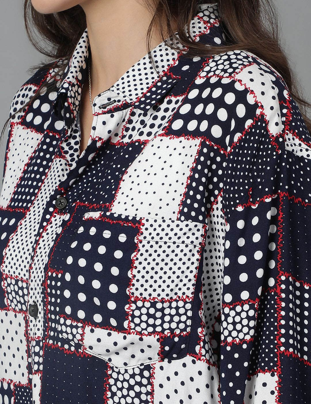 Kotty Women Spread Collar Abstract Printed Cotton Oversized Casual Shirt