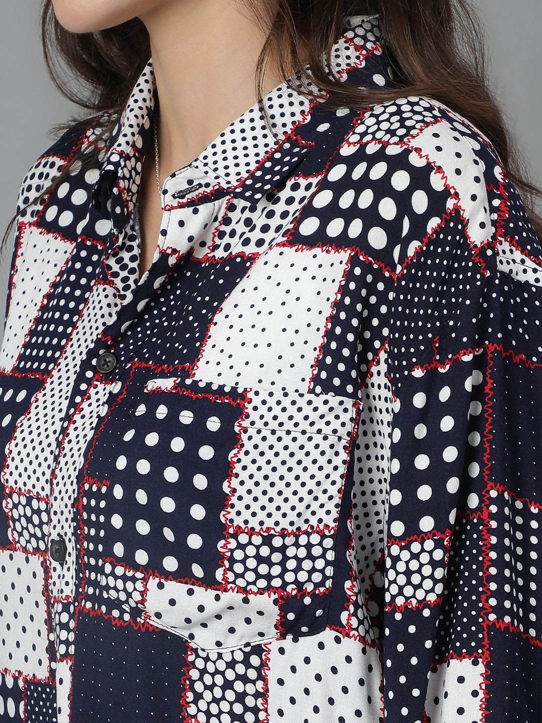 Kotty Women Spread Collar Abstract Printed Cotton Oversized Casual Shirt