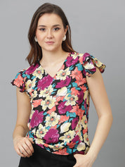Kotty Floral Print Flutter Sleeve Crepe Wrap Top