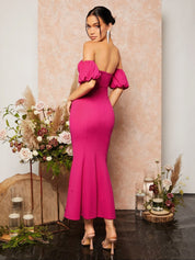 Kotty Women Off-Shoulder Puff Sleeve Bodycon Midi Dress
