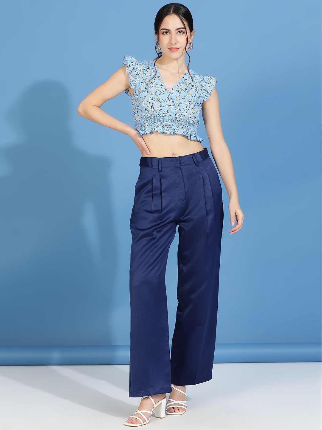 Kotty Floral Print Flutter Sleeve Crepe Wrap Crop Top