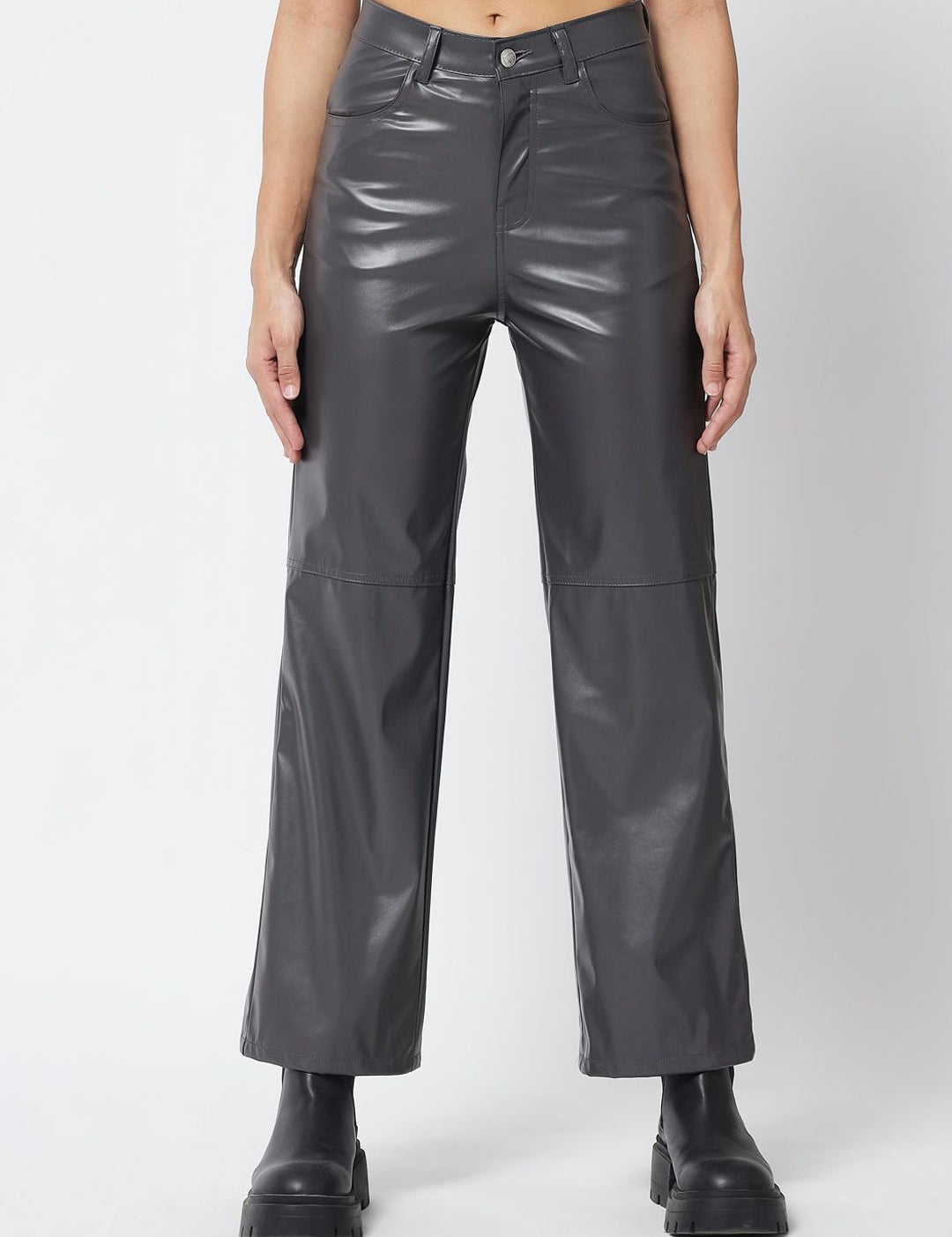 Kotty Women Grey Faux Leather Relaxed Straight Fit Trousers