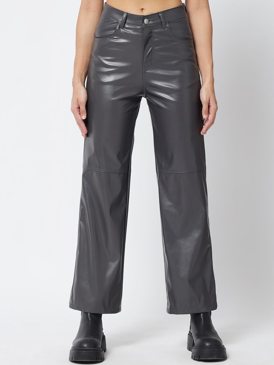 Kotty Women Grey Faux Leather Relaxed Straight Fit Trousers