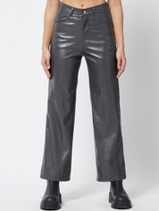 Kotty Women Grey Faux Leather Relaxed Straight Fit Trousers