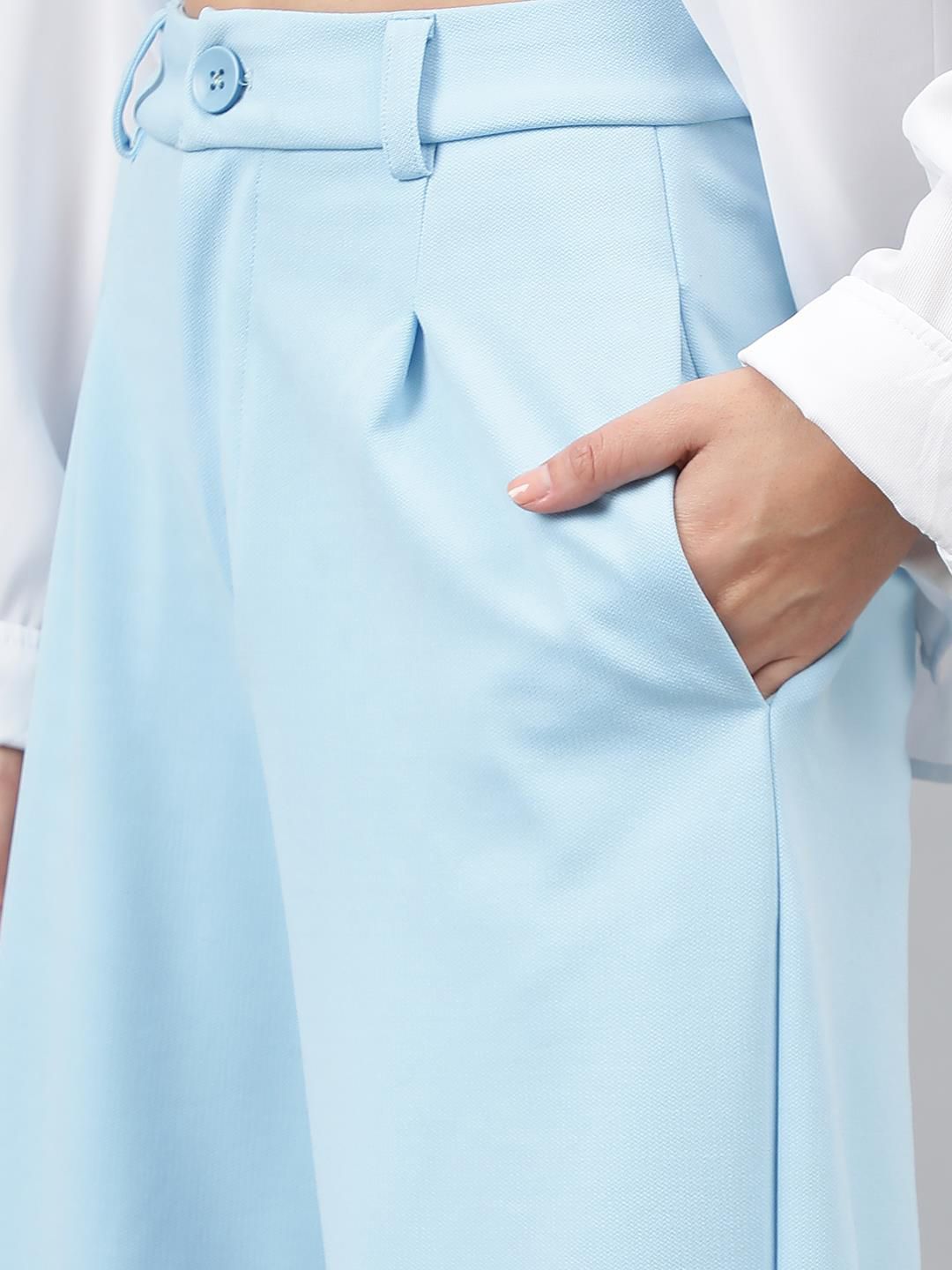 KOTTY BIZwear Women Blue Relaxed Straight Leg High-Rise Easy Wash Pleated Parallel Trousers