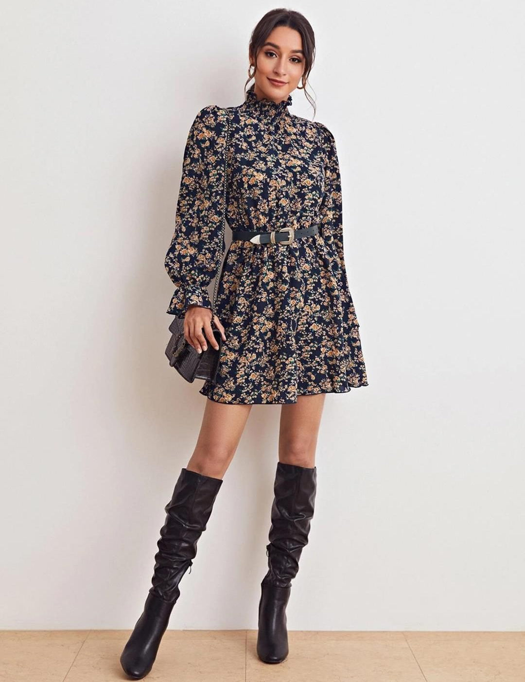 Kotty Navy Blue & Beige Floral Printed Bell Sleeves Fit & Flare Dress