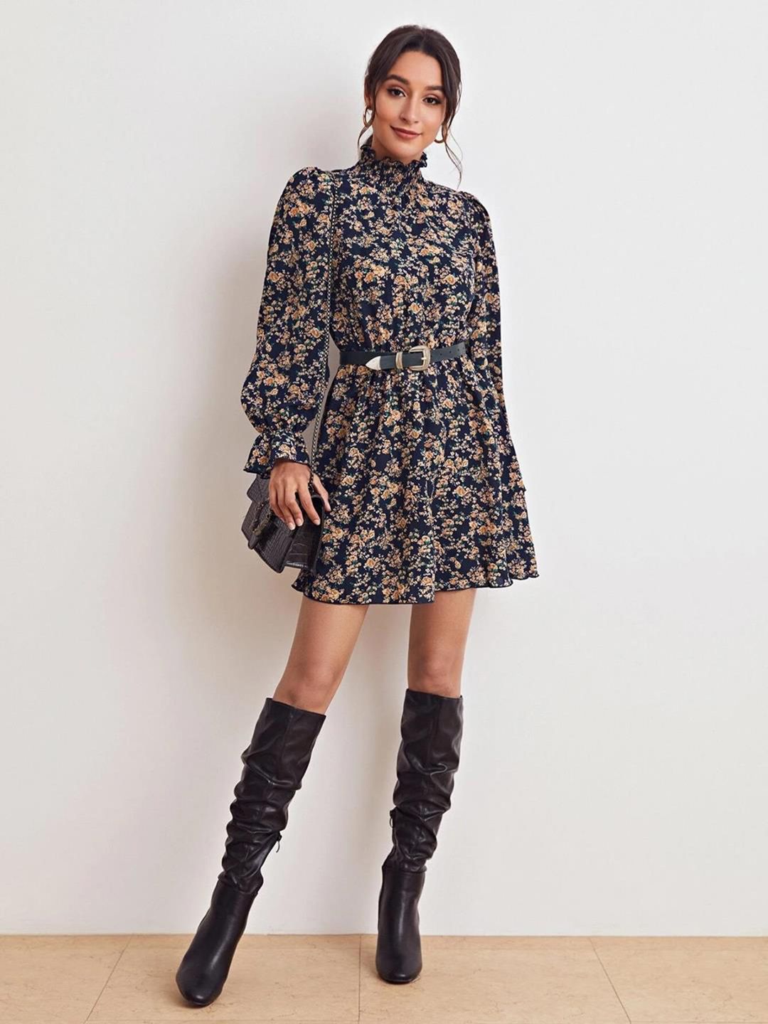 Kotty Navy Blue & Beige Floral Printed Bell Sleeves Fit & Flare Dress