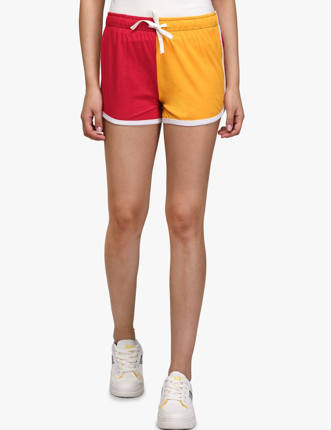 Kotty Women Red & Yellow Colourblocked Regular Fit Hot Pants