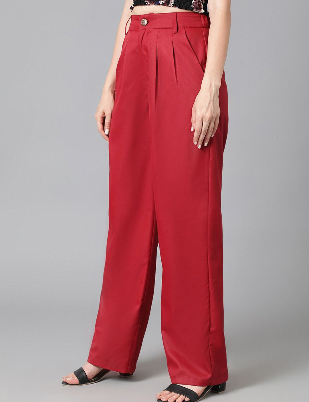 Kotty Women Maroon Relaxed Straight Leg High-Rise Easy Wash Pleated Parallel Trousers