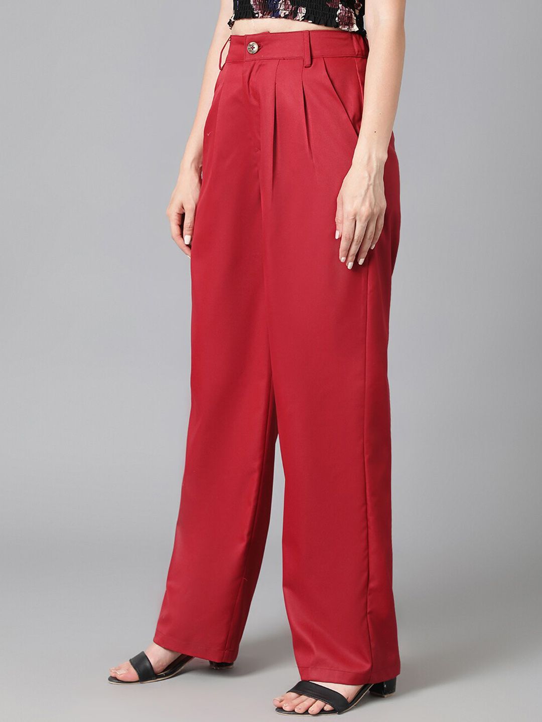 Kotty Women Maroon Relaxed Straight Leg High-Rise Easy Wash Pleated Parallel Trousers