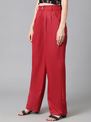 Kotty Women Maroon Relaxed Straight Leg High-Rise Easy Wash Pleated Parallel Trousers