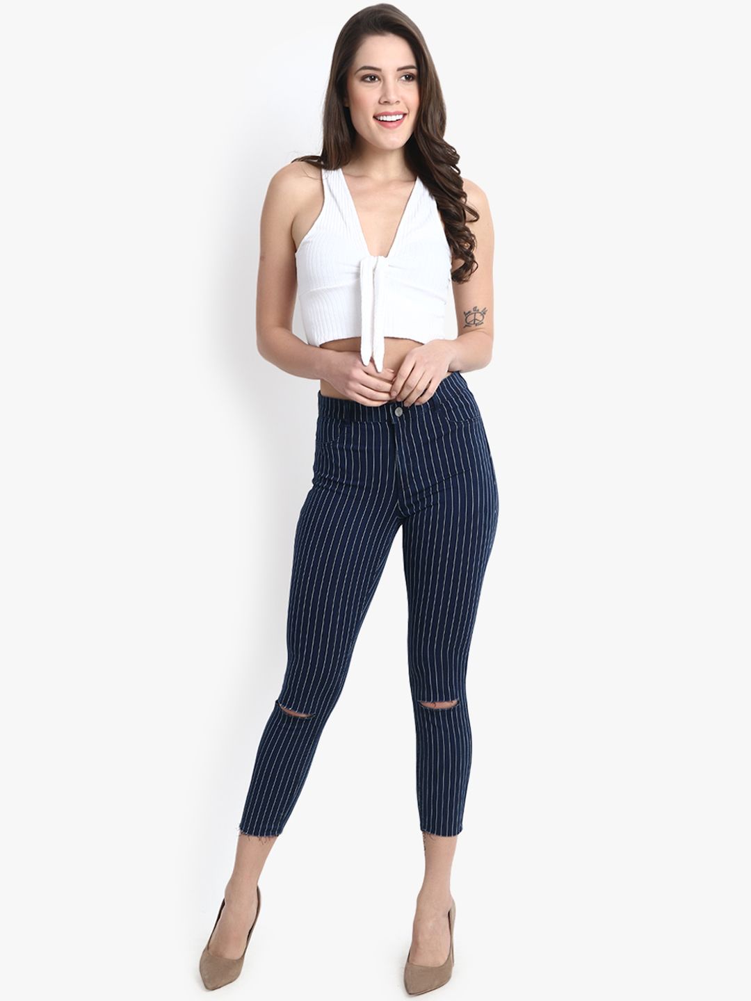Kotty Women Blue & White Skinny Fit High-Rise Slash Knee Jeans