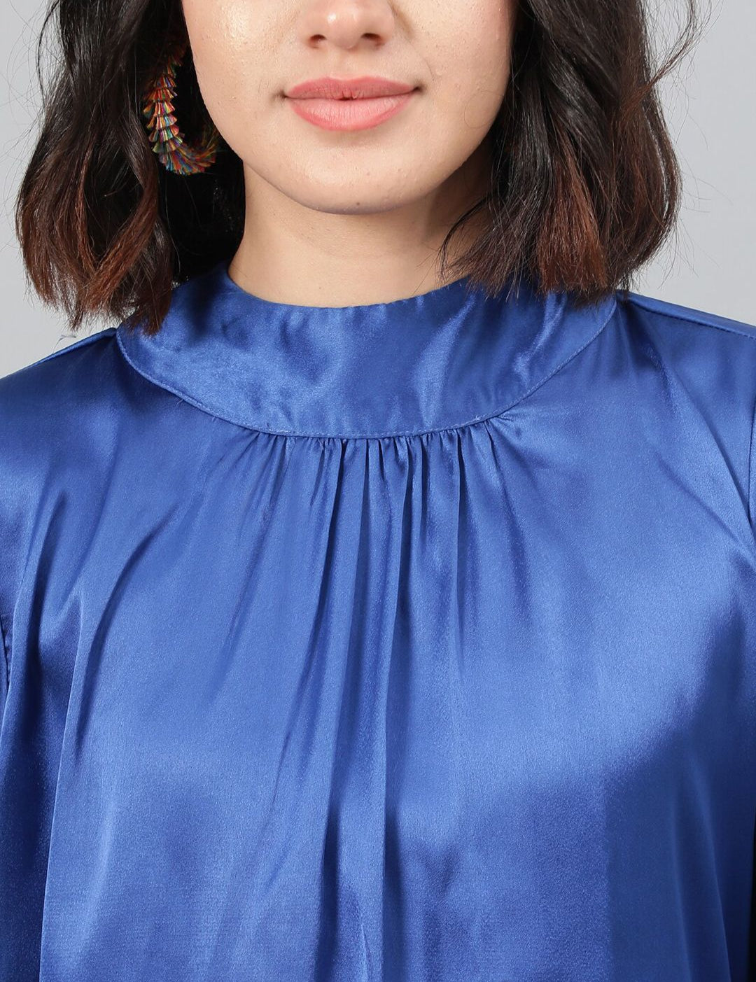 Kotty Blue High Neck Cuffed Sleeve Pleated Satin Top