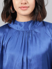 Kotty Blue High Neck Cuffed Sleeve Pleated Satin Top
