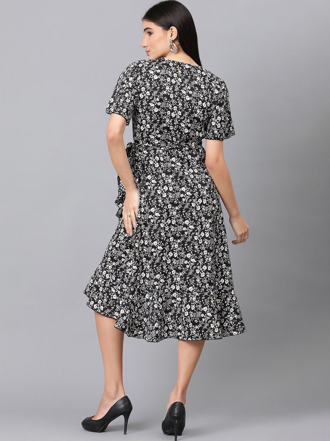 Kotty Black & White Floral Printed Flared Sleeves Crepe Ruffles Wrap Dress