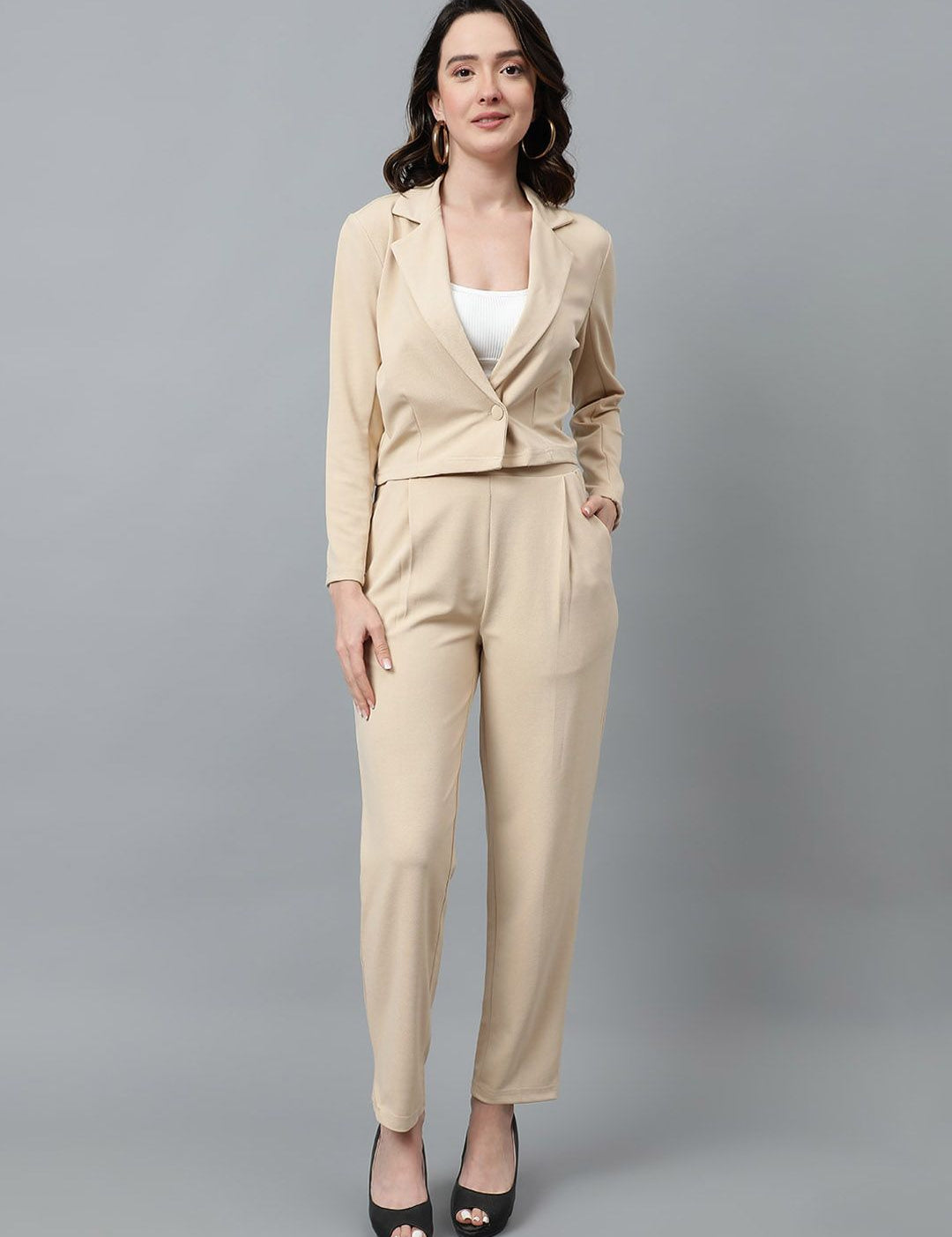 KOTTY BIZwear Beige Notched Lapel Collar Blazer & Mid Rise Trouser