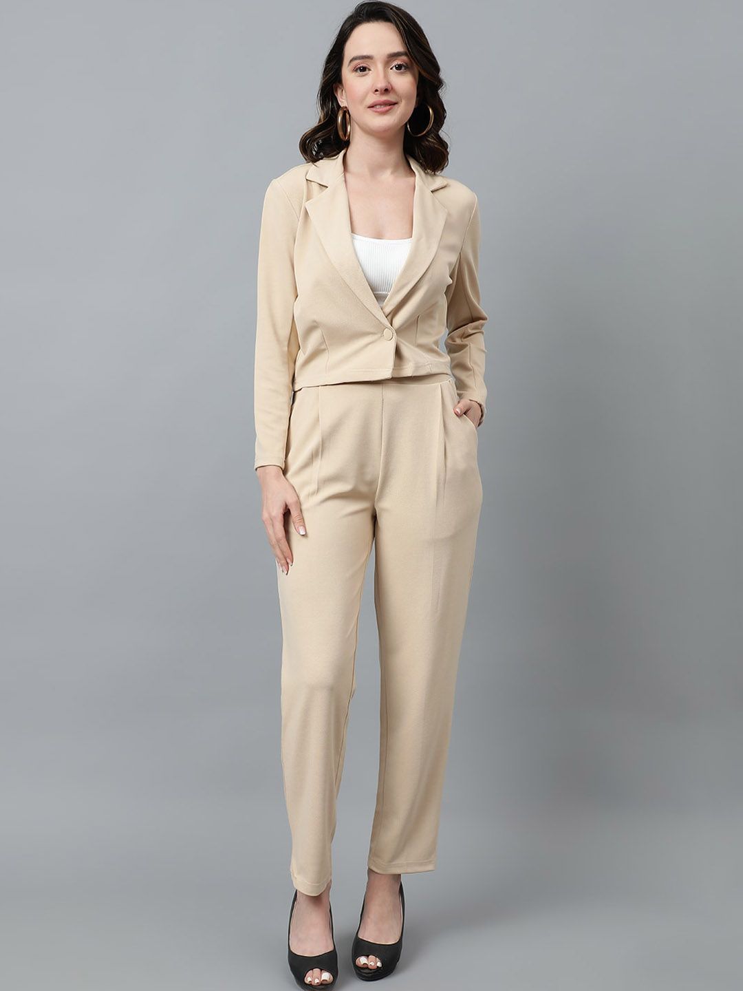 KOTTY BIZwear Beige Notched Lapel Collar Blazer & Mid Rise Trouser