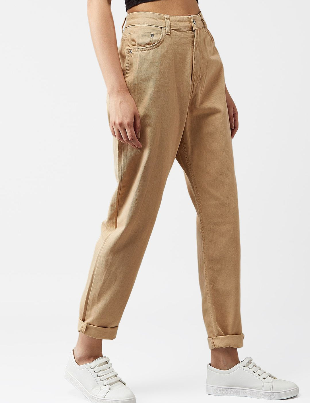 Kotty Women Beige Boyfriend Fit High-Rise Clean Look Jeans