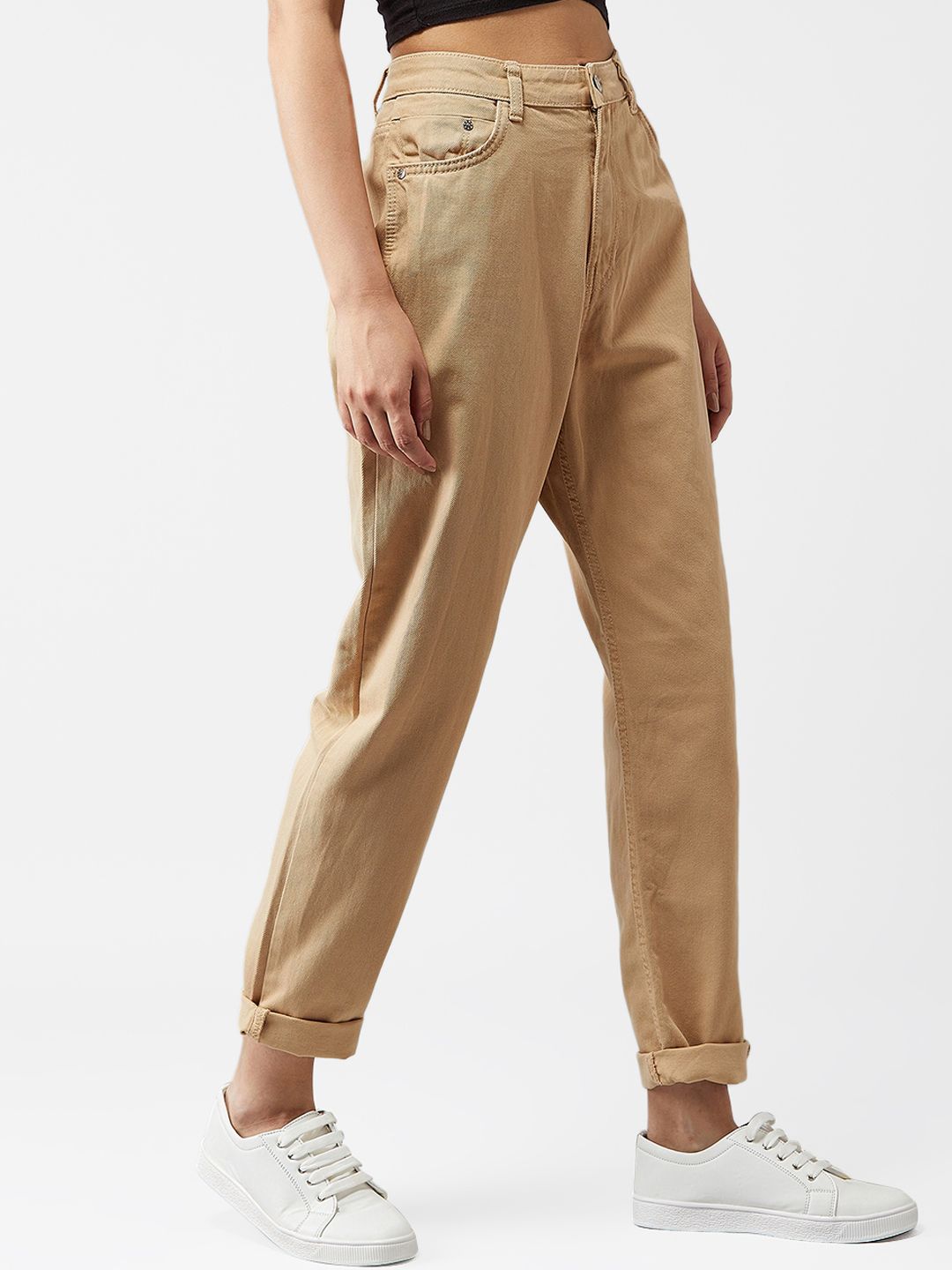 Kotty Women Beige Boyfriend Fit High-Rise Clean Look Jeans