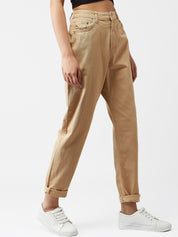 Kotty Women Beige Boyfriend Fit High-Rise Clean Look Jeans