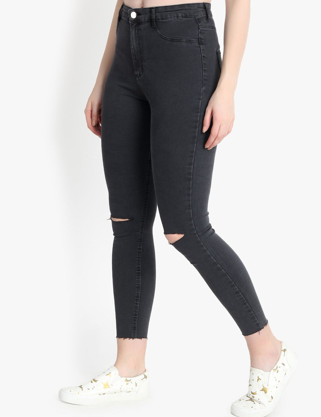 Kotty Women Black Skinny Fit High-Rise Slash Knee Cropped Jeans