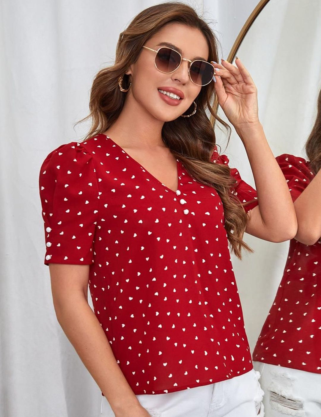 Kotty V-Neck Conversational Printed Cherry Red Top