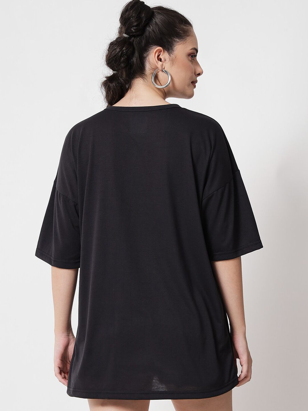 Kotty Women Black Typography Printed Drop-Shoulder Sleeves Applique Oversized T-shirt