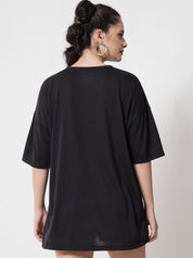 Kotty Women Black Typography Printed Drop-Shoulder Sleeves Applique Oversized T-shirt