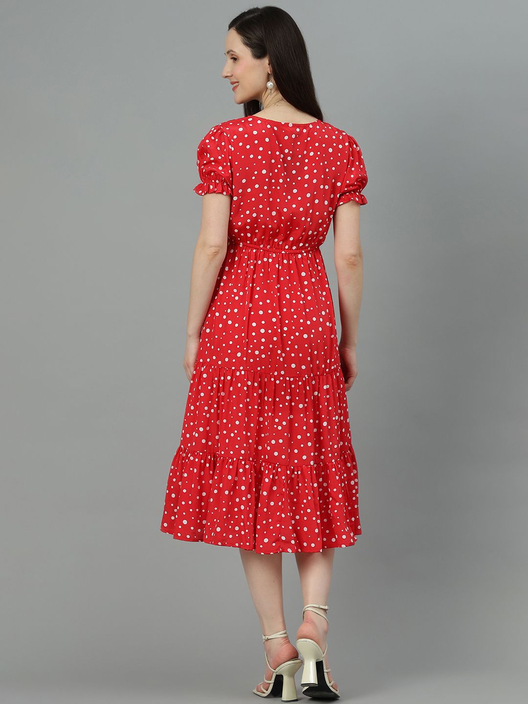 Kotty Polka Dot Printed Puff Sleeve Layered Crepe Fit & Flare Midi Dress