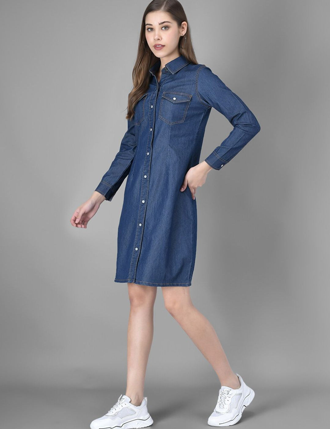 Kotty Women Blue Solid Denim Shirt Dress