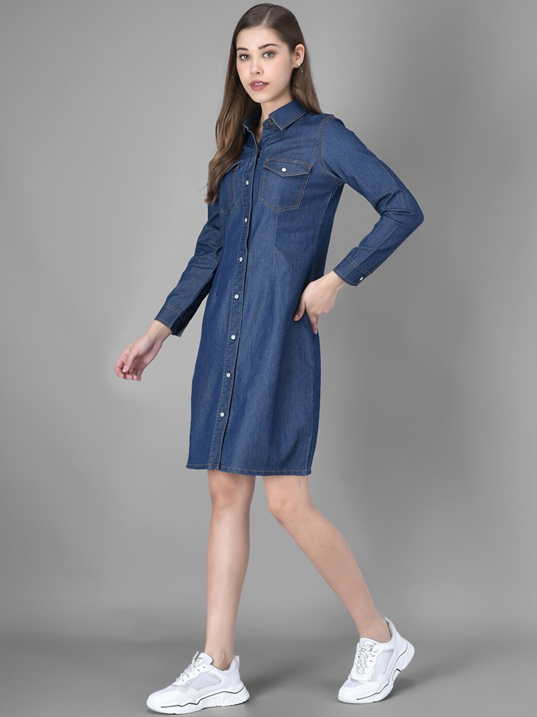 Kotty Women Blue Solid Denim Shirt Dress