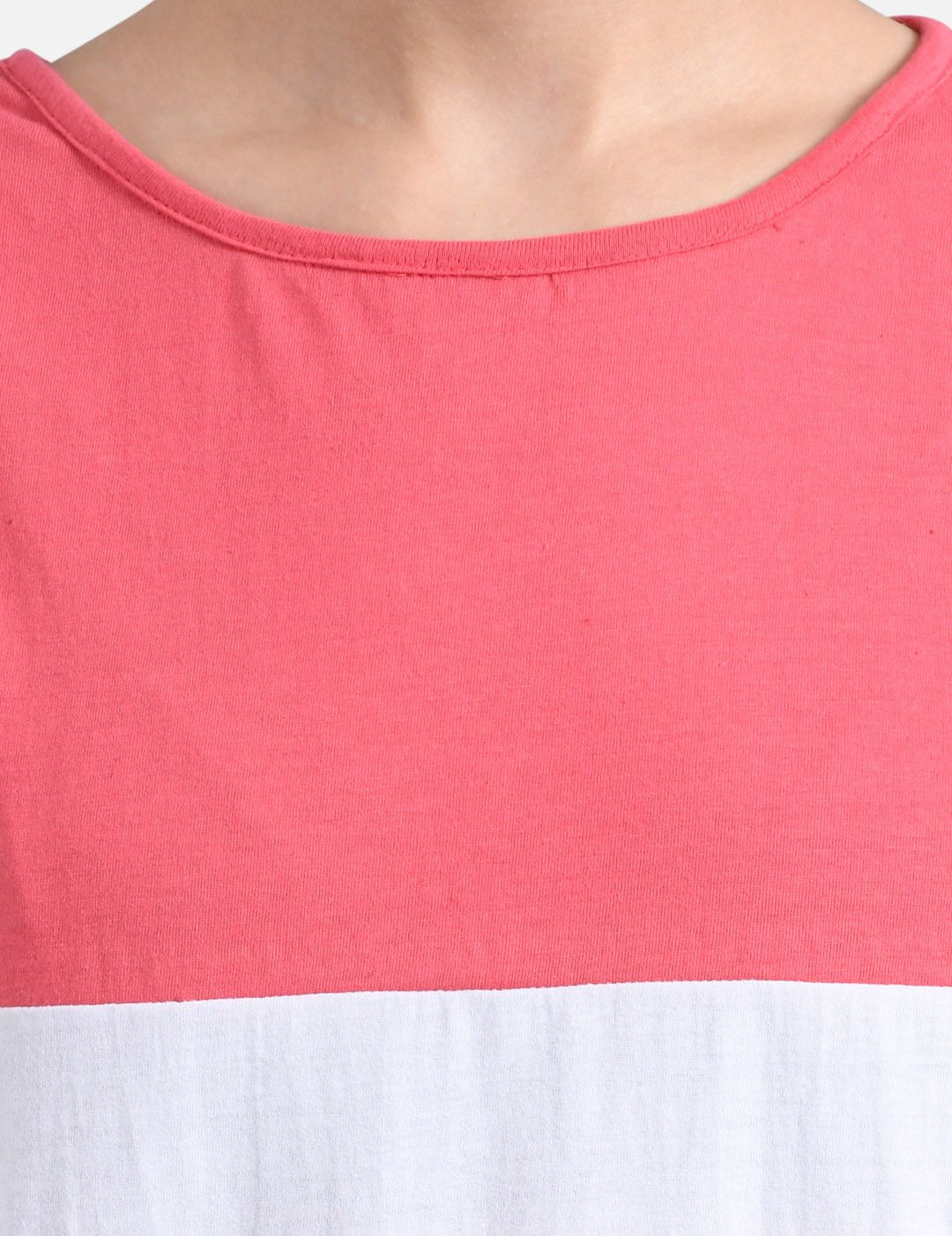 Kotty Women Pink & White Colourblocked Round Neck T-shirt