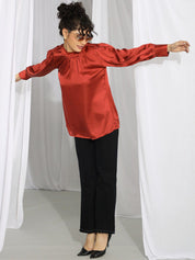KOTTY BIZwear Rust-Coloured High Neck Bishop Sleeves Gathered Detail Satin Top