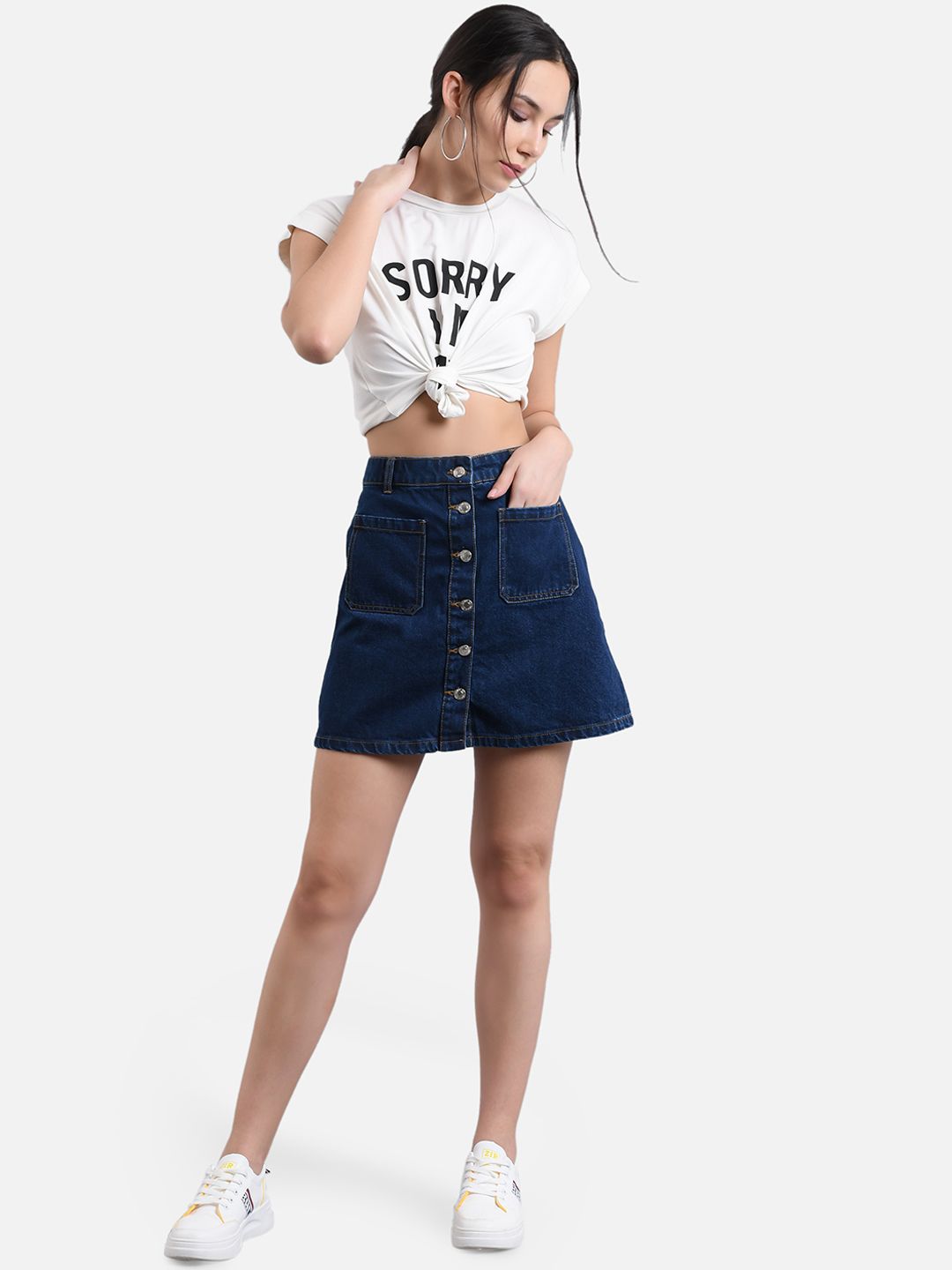 Kotty Women Navy Blue Solid Denim A-Line Mini Skirt