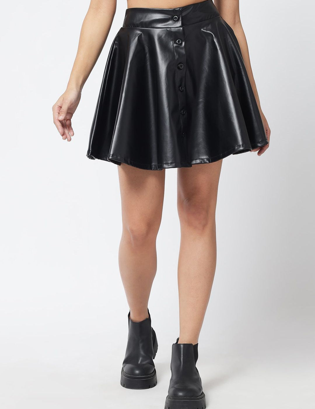 Kotty Women Black Solid Leather Flared Mini Skirt