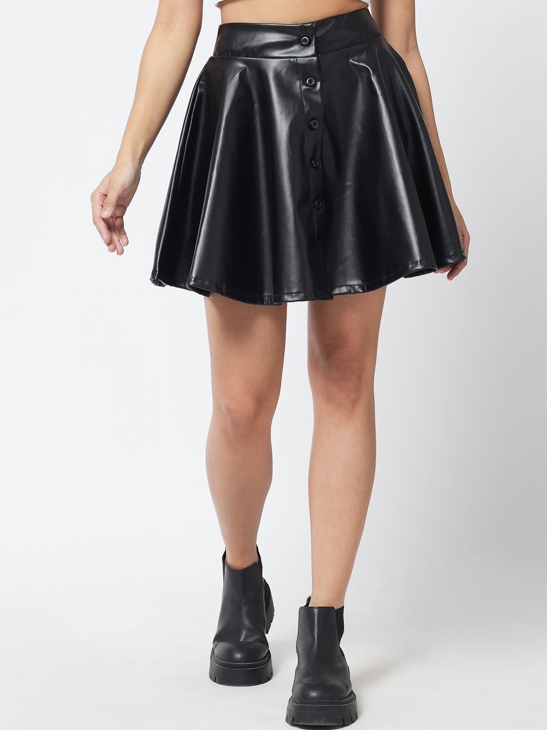 Kotty Women Black Solid Leather Flared Mini Skirt