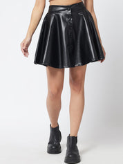 Kotty Women Black Solid Leather Flared Mini Skirt
