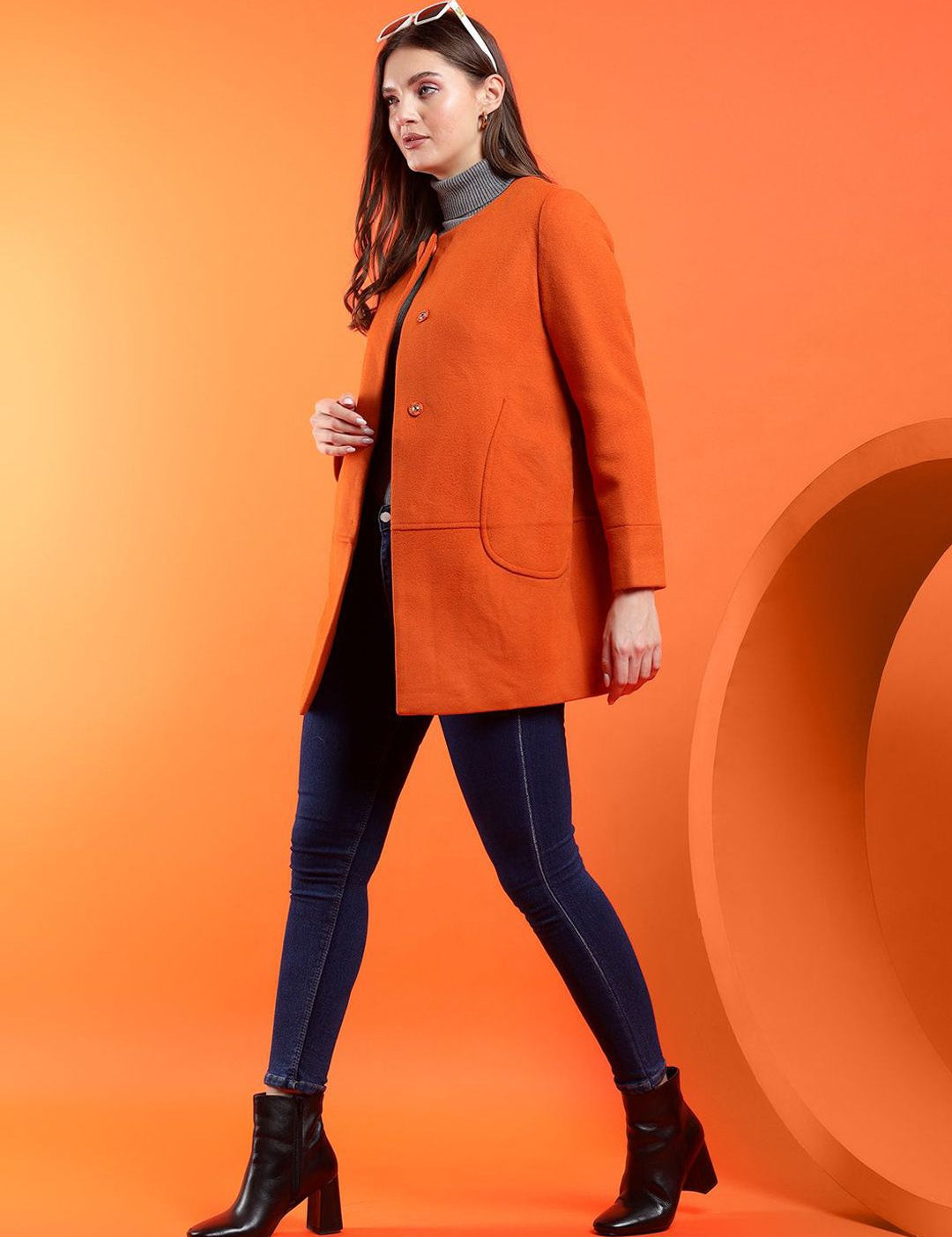 Kotty Women Solid Mandarin Collar Overcoat