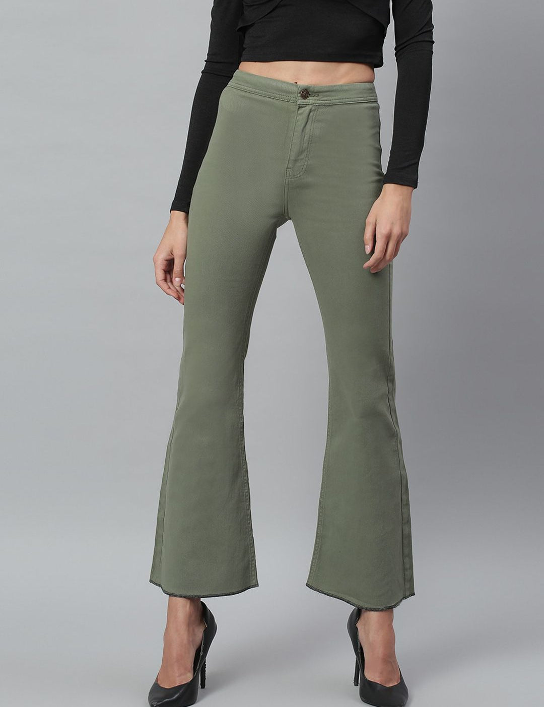 Kotty Women Olive Green Flared High-Rise Stretchable Jeans