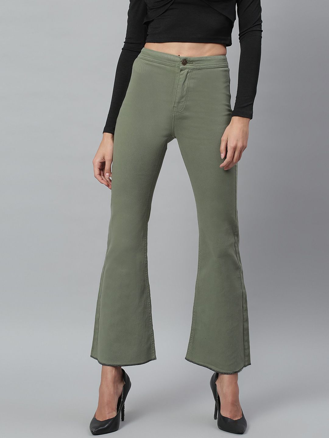 Kotty Women Olive Green Flared High-Rise Stretchable Jeans