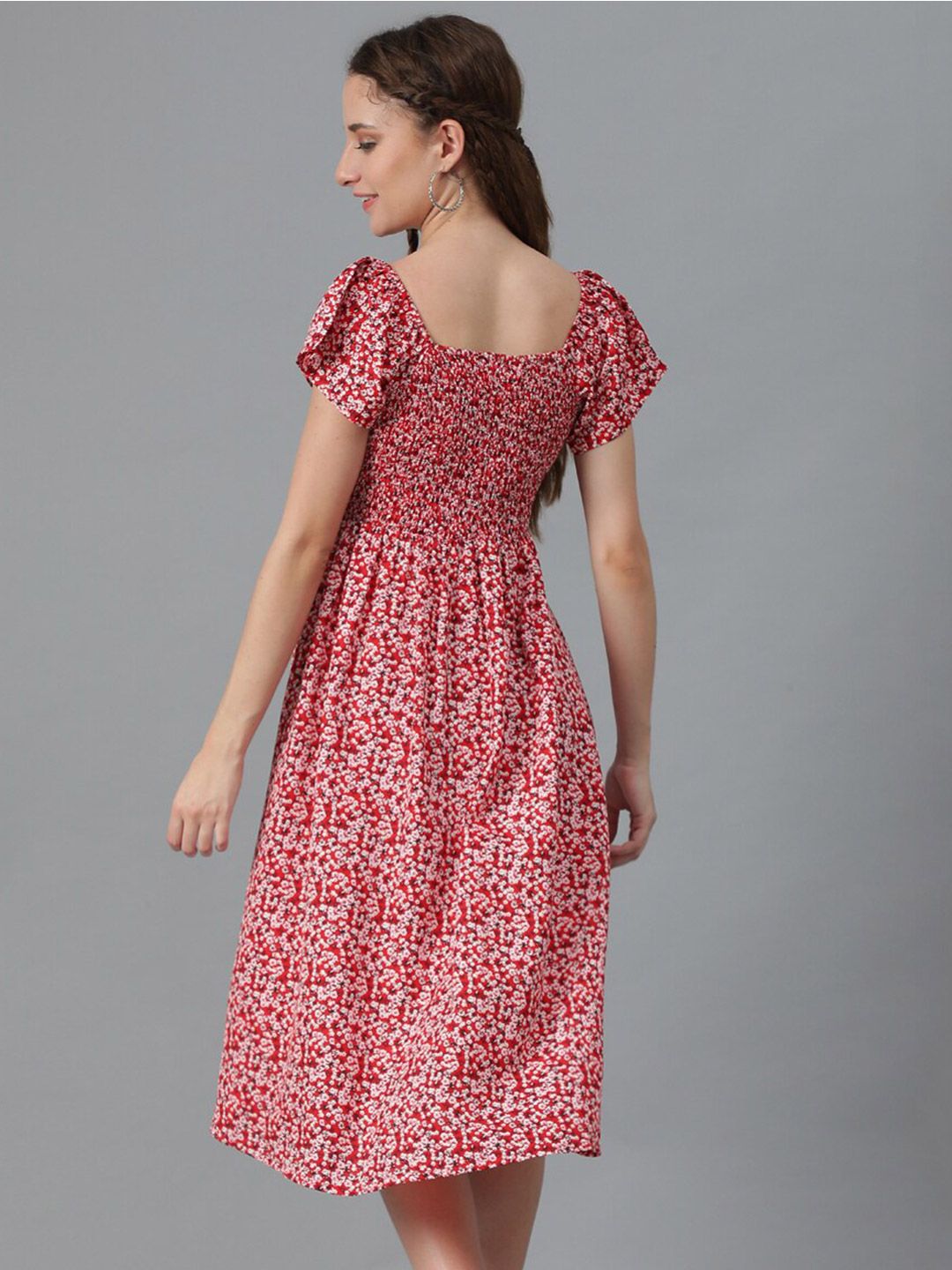 Kotty Red Floral Printed Square Neck Smocked Detailed Fit & Flare Midi Dress