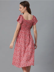Kotty Red Floral Printed Square Neck Smocked Detailed Fit & Flare Midi Dress
