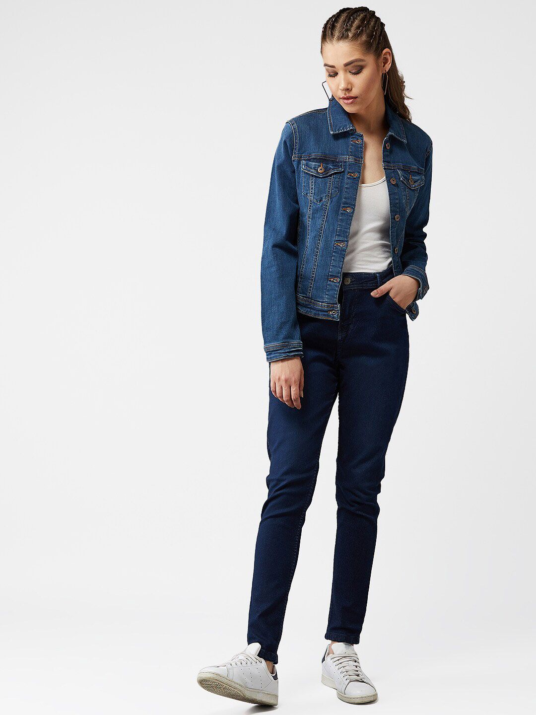 Kotty Women Navy Blue Solid Denim Jacket
