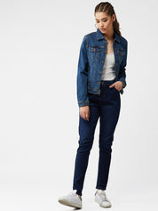 Kotty Women Navy Blue Solid Denim Jacket