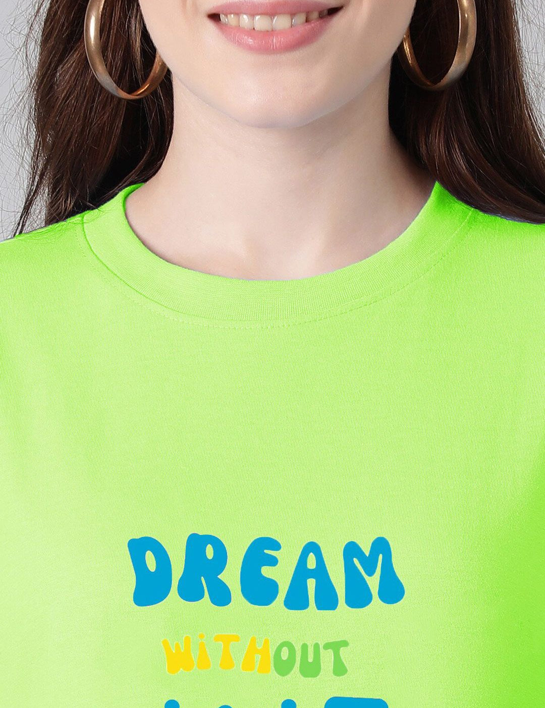 Kotty Lime Green & Blue Typography Printed Drop Shoulder Sleeves Oversized Casual T-Shirt